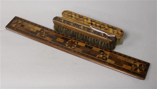 A Tunbridge Ware ruler and two clothes brushes, L 38cm (ruler)